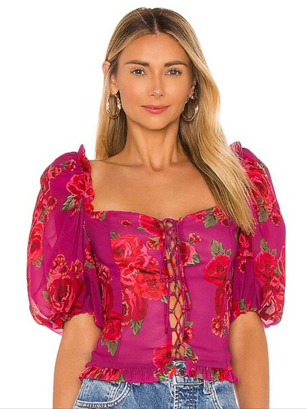 LPA Revolve Anoushka Pink Floral Print Lace Up Front Top